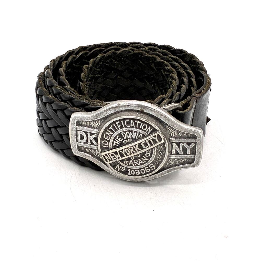 Vintage DKNY Braided Leather Belt M/L Donna Karan Identification Buckle
